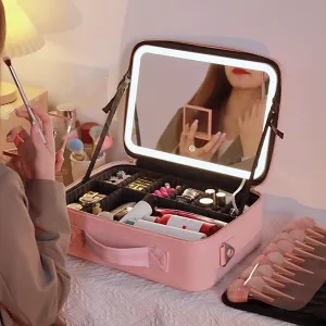 منظم مستحضرات التجميل وحقيبة مستحضرات التجميل مع مرآة LED للنساء