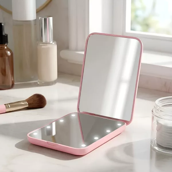 vanity mirror, makeup mirror, makeup mirror with light, compact mirror, cosmetic mirror with light, portable cosmetic mirror, folding cosmetic mirror